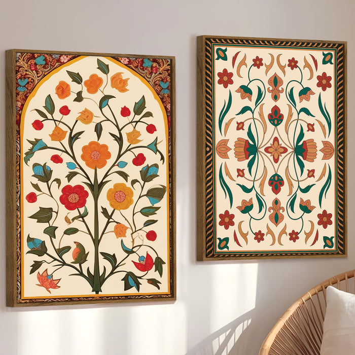 Mughal Floral Motifs Canvas Indian Large Wall Art Painting for Living Room Decoration, Stylish Large Wall Art Print for Wall Decor (Set of 2, 58x89 cm)