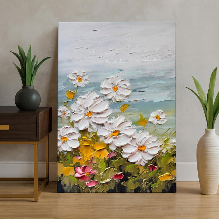 Stretched Canvas Wall Art Abstract White Daisy Flower 3D Paintings Vastu Hand Painted Abstract Canvas Painting for Living Room Art 3D Textured Floral Positive Wall Paintings 61x91 cm