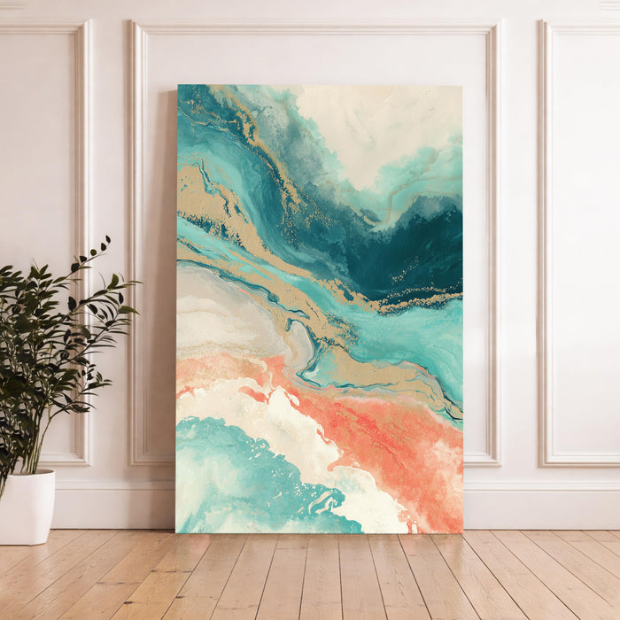 Abstract Fluid Stretched Canvas Painting For Living Room | Turquoise Marble Stretched Canvas Wall Art For Livingroom Home Decor, Bedroom, Hallway's, Office, Hotel - 56x86 cm