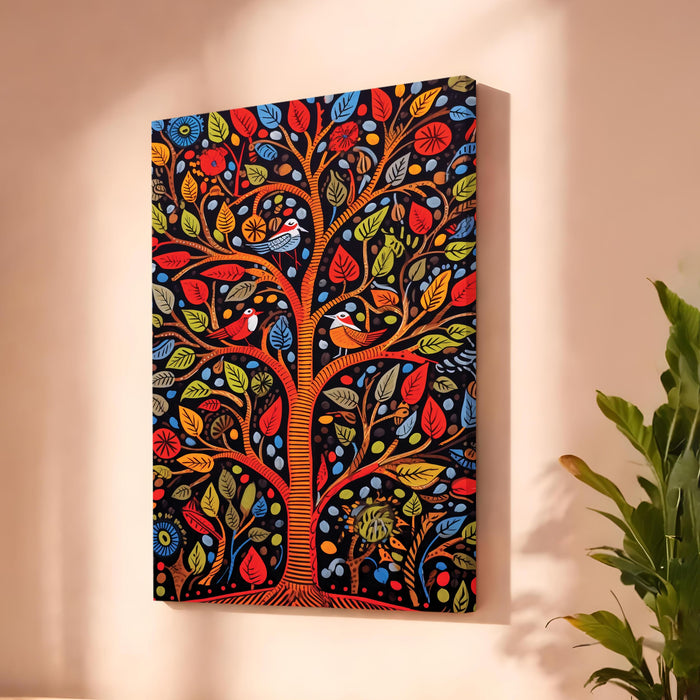 Madhubani Tree of Life Stretched Canvas Painting For Living Room | Indian Folk Tropical Stretched Canvas Wall Art For Livingroom Home Decor, Bedroom, Hallway's, Office, Hotel - 56x86 cm
