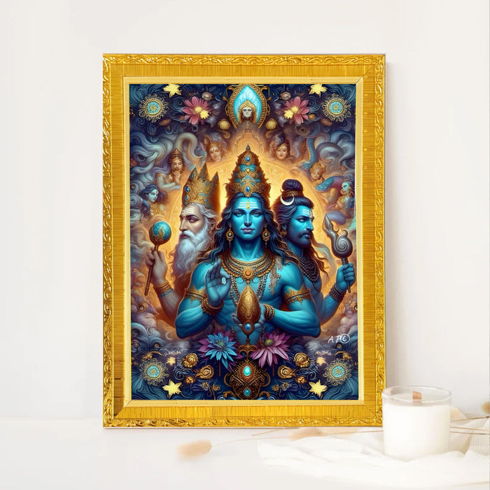 Trimurti Brahma Vishnu Mahesh Photo Frame for Mandir, Pooja Room | Divine Hindu Deity Wall Art (10x13 Inch)