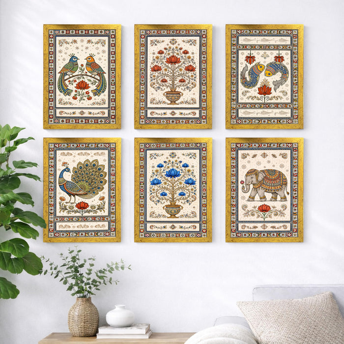 Madhubani Painting With Frame for living room, Traditional Rajasthani Style Framed Wall Art Painting for Home Decor Set of 6, Size 9.5 by 12.5 Inch