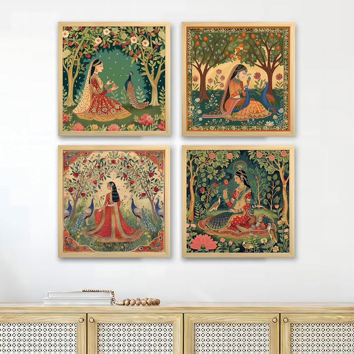 Madhubani Art Print, Women in Floral Garden (13.5x13.5 Inch, Pack of 4)