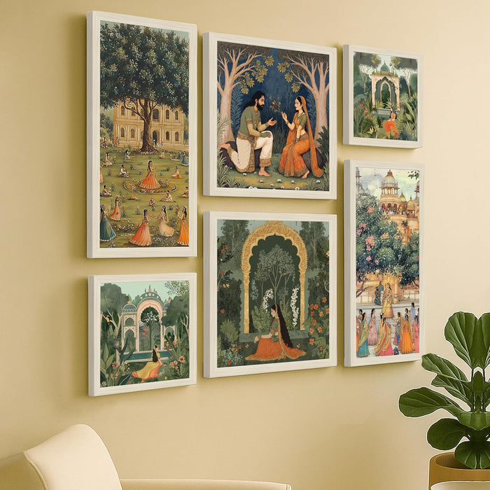 Framed Wall Art Print Pack of 6 Framed Wall Decoration Art Prints Classical Indian Garden Romantic 24x48, 34x34 and 24x24 cm