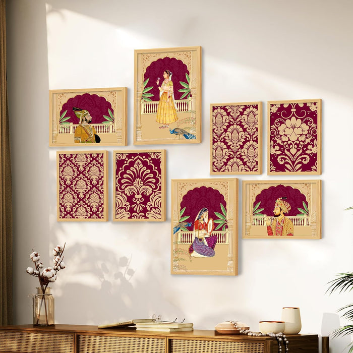 Art Street Set of 8 Indian Folk Wall Art Royal Prince with Queen Palace Painting For Home (Size: 9.3x12.7 & 12.7x17.5 Inch)