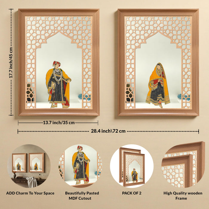 Art Street Pack of 2 Framed King and Queen Pichwai Art Jharokha Mirror Wall Decor Vastu Compliant Wall Hanging Mirror MDF Cutout Indian Traditional Ethnic for Living Room Bedroom 35x45 cm
