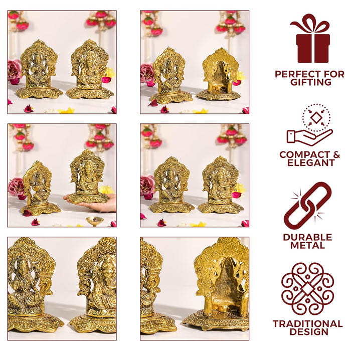 Metal Lakshmi and Ganesha Idols Set for Pooja Room Traditional Brass Finished Idol, Deepawali Decoration for Home, Lakshmi Ganesh Brass Finished Idol for Temple 12x13 cm