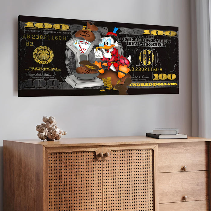 Luxury Scrooge McDuck Stretched Canvas Wall Art – Modern Pop Art 100 Dollar Bill Money Background – Motivational Wealth Art for Office & Home Decor – Wrapped Gallery Canvas, 22x46 Inch