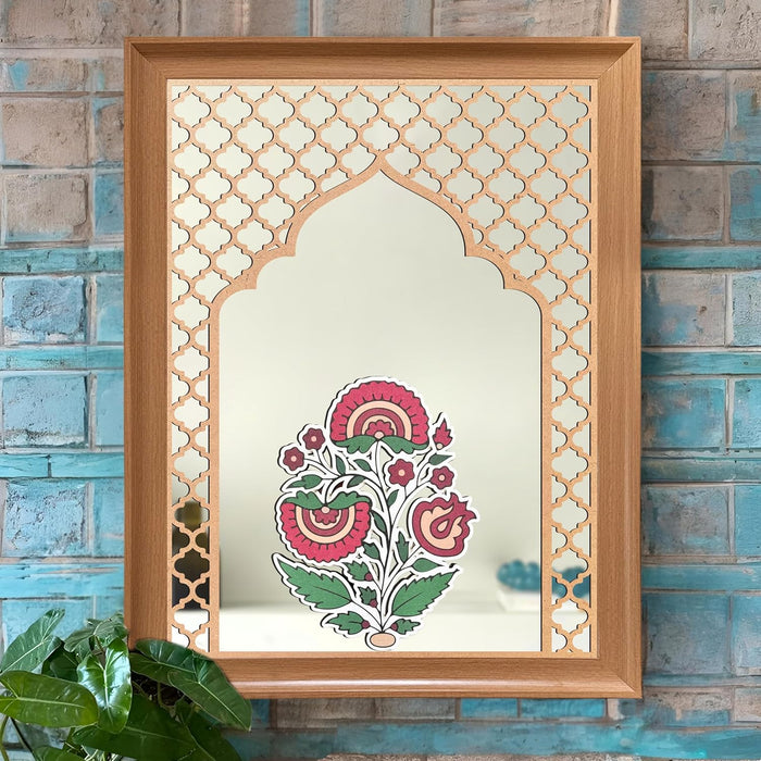 Decorative Acrylic Mirror with Floral And Mughal Design MDF Jali Set of 2 | Two Beige Jharokha Wooden Wall Mirror Panel (18x14 Inch)