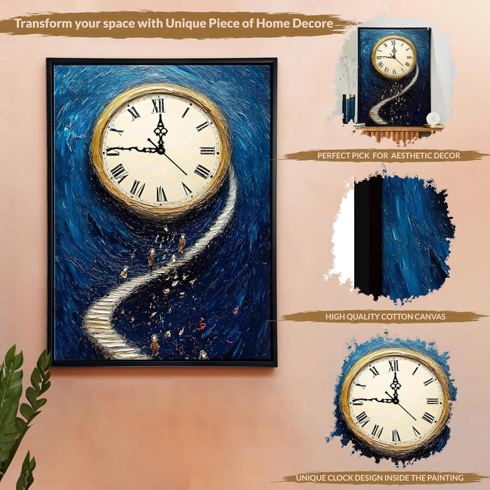 Portrait Abstract moon ladder Dreamlike Multicolor Framed Canvas wall art With Clock | Painting with clock, 43x58 cm