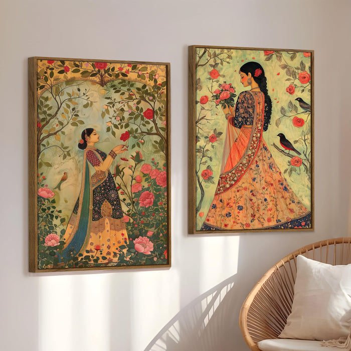 Mughal Women in Flower Garden Canvas Indian Large Wall Art Painting for Living Room Decoration, Stylish Large Wall Art Print for Wall Decor (Set of 2, 58x89 cm)