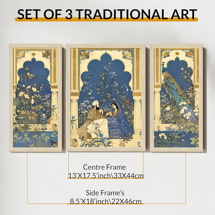 Botanicals Pichwai Framed Wall Art Painting Home Décor Pack Of 3 | Digital Scenery Painting with Frame, Set Of 3 22x46 cm, 33x44 cm