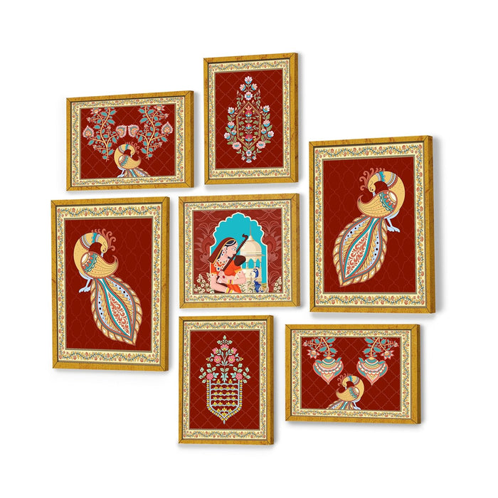 Art Street Set of 8 Indian Folk Wall Art Royal Prince with Queen Palace Painting For Home (Size: 9.3x12.7 & 12.7x17.5 Inch)