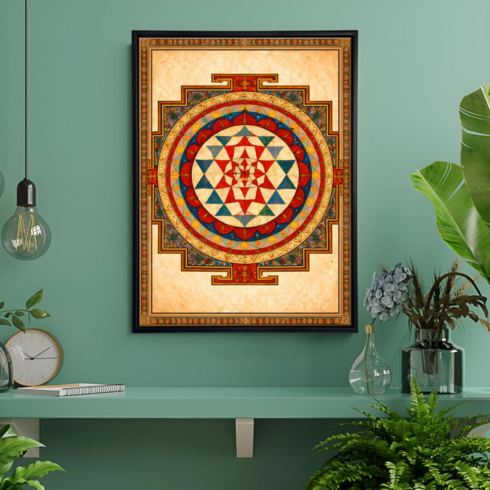 Sri Yantra Mandala Framed Canvas Painting for Living Room Wall Deocr, Shree Yantra Sacred Geometry Vastu Framed Canvas Wall Art for Vastu Place Bedroom Home Hallways Office Hotel, Size 43x58 cm