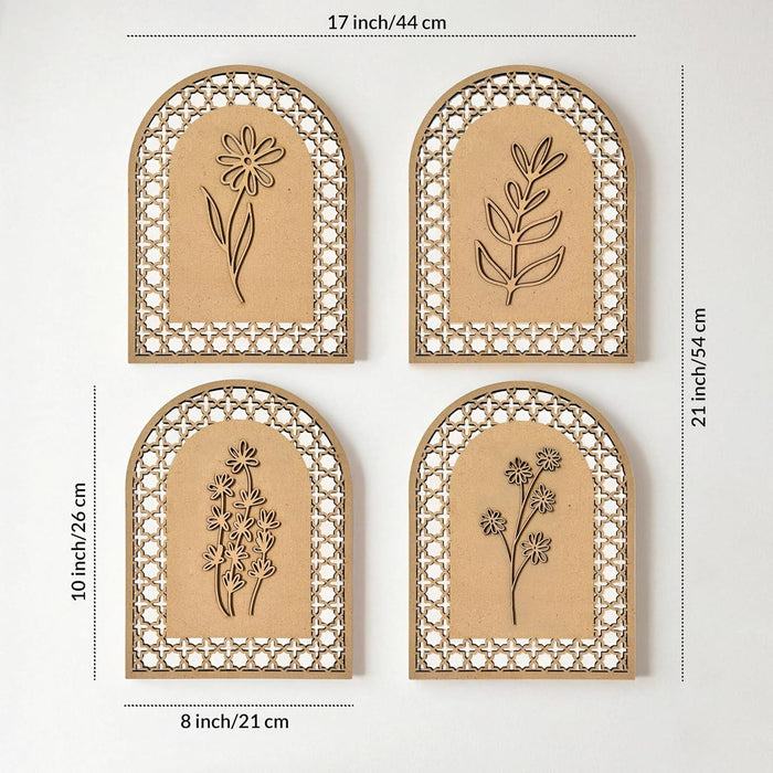 Boho Wall Decor Pack of 4 MDF Floral Wall Hanging with Quatrefoil Jali Pattern 3D Boho Art Cutouts Wall Art 21x25 cm