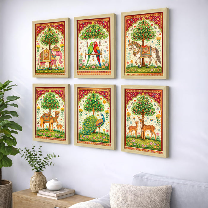 Indian Madhubani Painting With Frame for living room, Folk Style Garden Framed Wall Art Painting for Home Decor Set of 6, Size 9.5 by 12.5 Inch