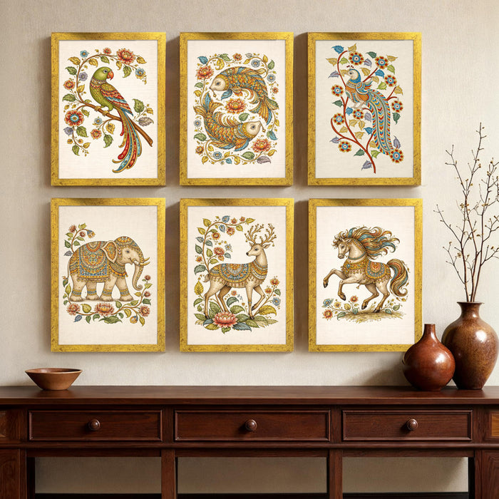 Indian Folk Art Painting With Frame for living room, Royal Birds & Animals Framed Wall Art Painting for Home Decor Set of 6, Size 9.5 by 12.5 Inch