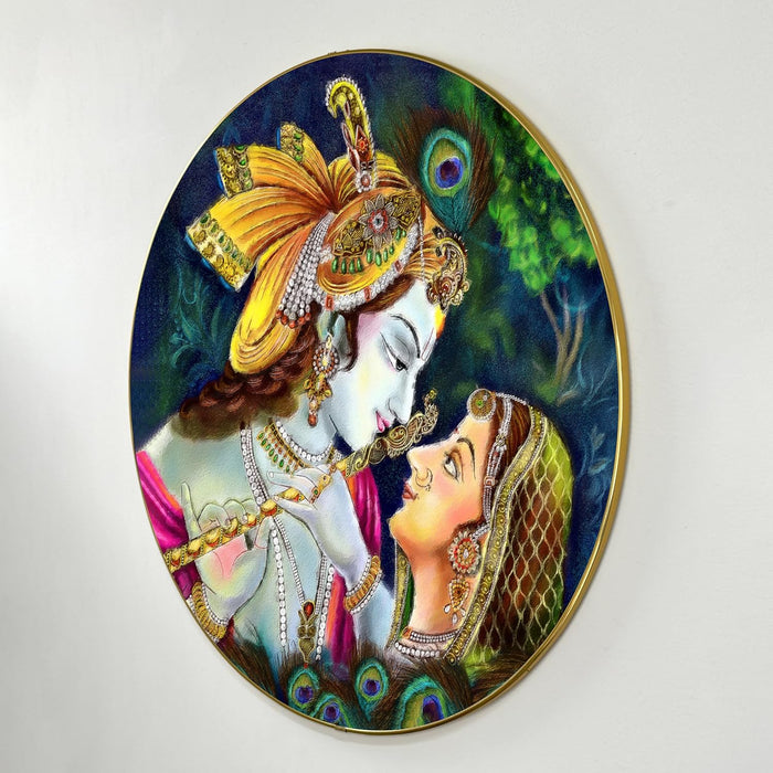 Radha Krishna Pichwai Art, Metal Finish Round Vinyl Golden, Sparkle Laminated Slim Framed Large Size Wall Art Painting For Home Decor(22x22 Inch)