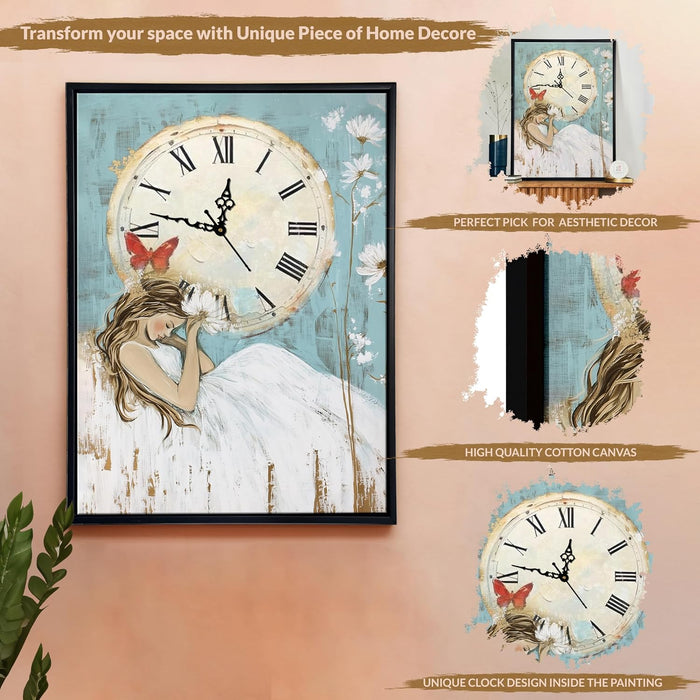Portrait Abstract Dreamlike Girl Multicolor Framed Canvas wall art With Clock | Painting with clock, 43x58 cm