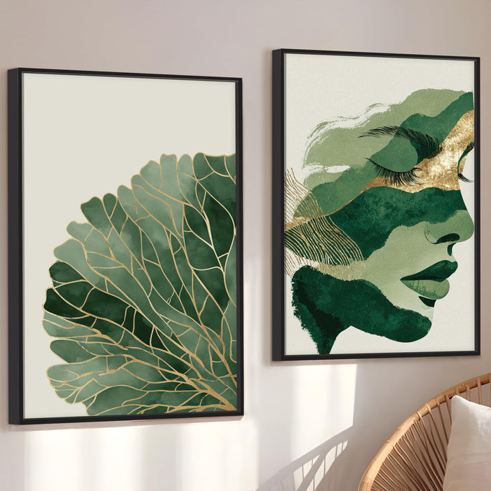 Abstract Face Green Leaf Canvas Portrait Large Wall Art Painting for Living Room Decoration, Stylish Large Wall Art Print for Wall Decor (Set of 2, 58x89 cm)