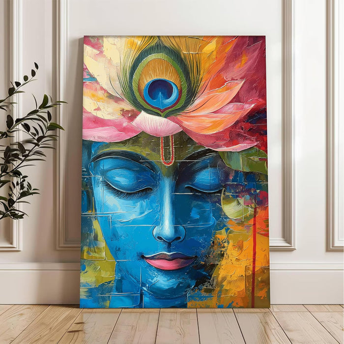 Abstact Art Shree Krishna Closed Eyes Face Wall Decor Print Multicolor | Canvas Painting Stretched on Wood | Suits For Mandeer (16x22 Inch)