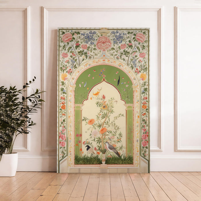 Mughal Floral Stretched Canvas Painting For Living Room | Madhubani Garden Stretched Canvas Wall Art For Livingroom Home Decor, Bedroom, Hallway's, Office, Hotel - 56x86 cm