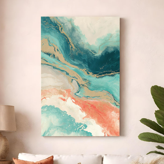 Abstract Fluid Stretched Canvas Painting For Living Room | Turquoise Marble Stretched Canvas Wall Art For Livingroom Home Decor, Bedroom, Hallway's, Office, Hotel - 56x86 cm