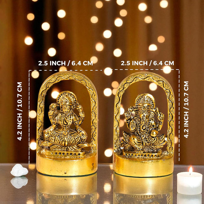 Metal Traditional Arched Lakshmi Ganesha Brass Finished Idol, Lakshmi Idol for Deepawali Decoration, Brass Finished Idols for Diwali 6.4x10.7 cm