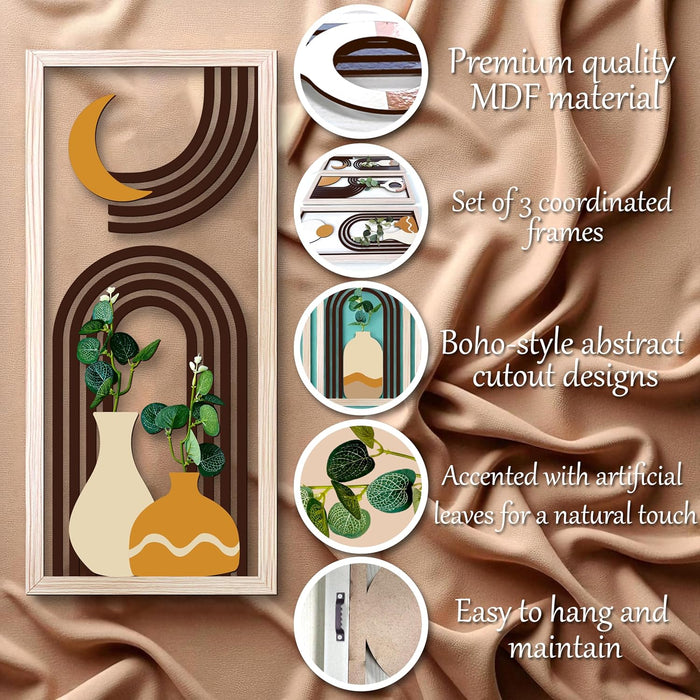MDF Boho Wall Hanging Rectangular Vase Frame with Artificial Plant Leaf Pack of 3 Wooden Wall Decor 23x48 cm