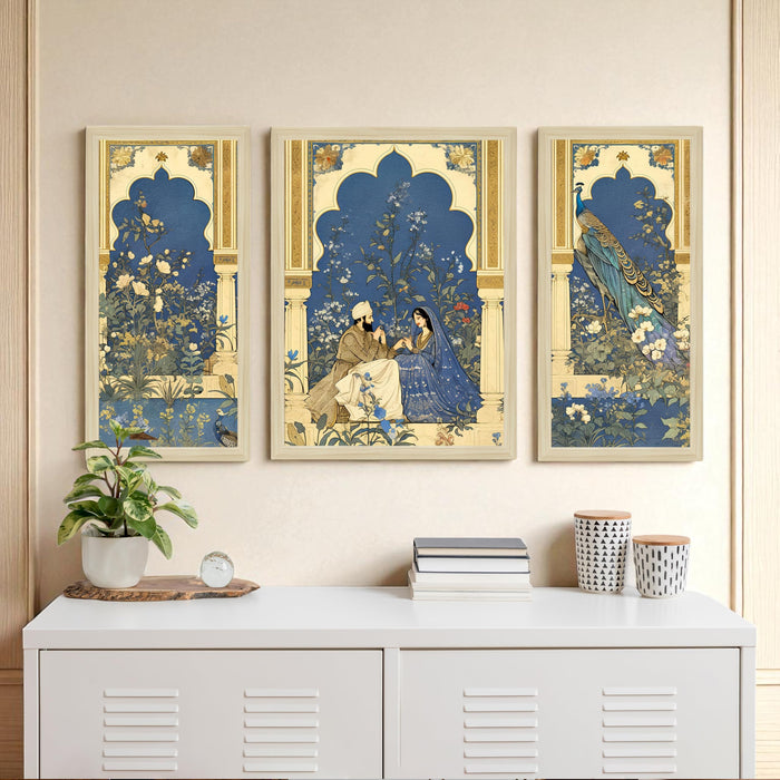 Botanicals Pichwai Framed Wall Art Painting Home Décor Pack Of 3 | Digital Scenery Painting with Frame, Set Of 3 22x46 cm, 33x44 cm