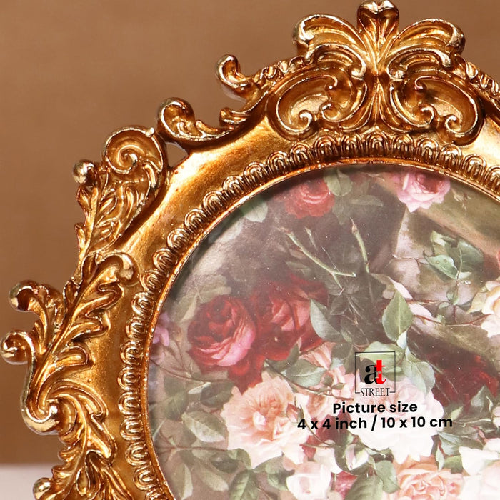 Vintage 4x4 Inch Photo Frame Golden Brown Round – European Style Resin Picture Frame, Tabletop or Wall Display, Antique Decorative Design, 10x10 cm