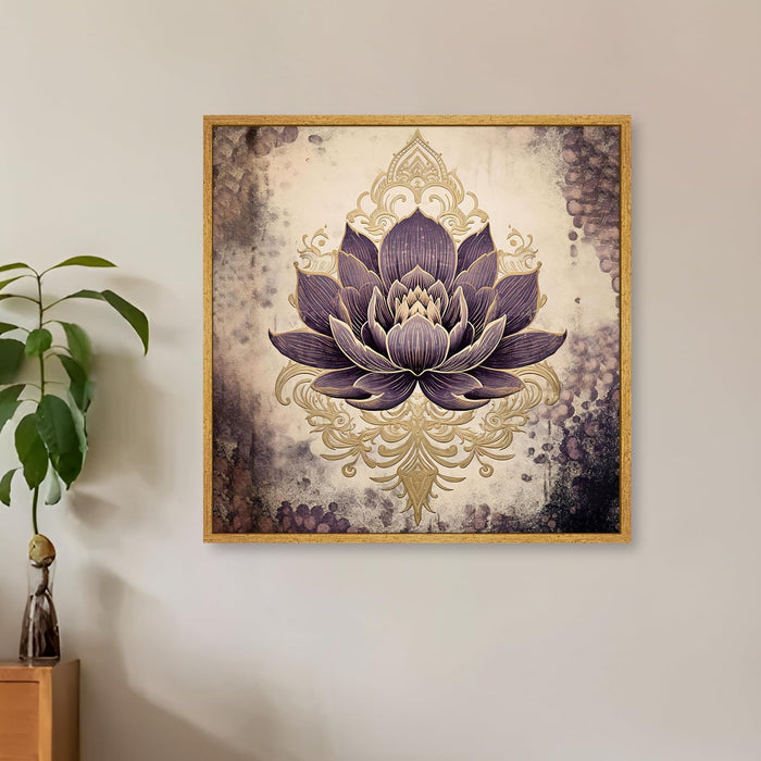 Multicolor Abstract Canvas Purple Lotus Indian Folk Wall Art Painting – Beige Purple Gold Gallery Wrap Canvas Wall Décor.