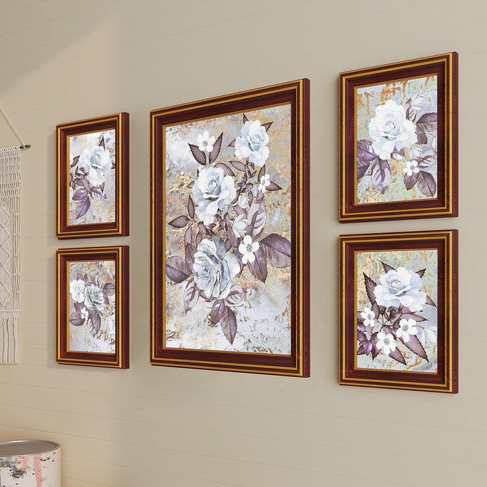 Art Street White Rose Floral Framed Art Print For Living Room, Decorative Home & Wall Decor - Set Of 5 (Brown, 4 Pcs-5x7 Inch, & 12x16 Inch)