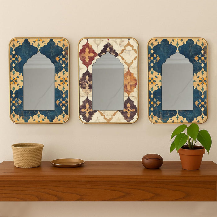 Decorative Jharokha Acrylic Mirror Set of 3 Abstract Flowers Printed Gold Metal Finish Décor Mirror (8.2x12.2 Inches)