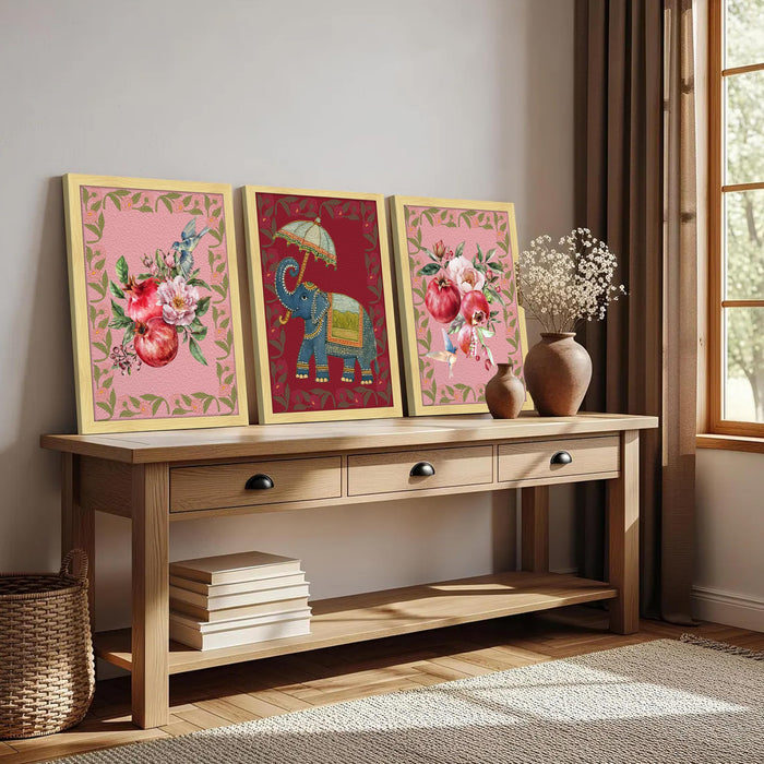 Indian Traditional Art Print Set of 3 with Pichwai Elephant Wall Art, Kalamkari Style Floral Decor, Pomegranate Bird Artwork, Ethnic Home Wall Decoration, Indian Folk Painting 30x42 cm