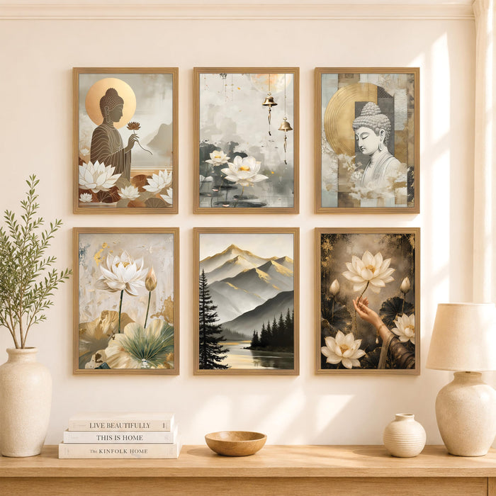 Lord Buddha Lotus Wall Art Painting for Living Room, Zen Spiritual Aesthetic Wooden Framed Wall Art Print for Living Room, Bedroom, Office & Home Decor (Set of 6, 13x9 inch)