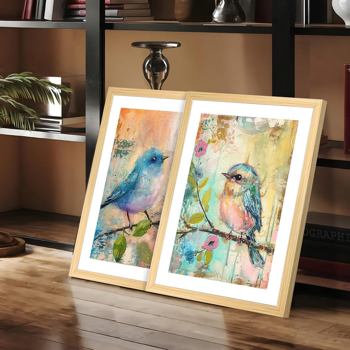 Modern Art Soft Pastel Bird Sitting on Branch Painting, Set of 2 (Blue, 13x18 Inch), Wall Paintings