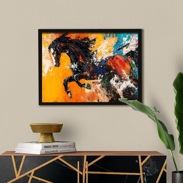 Abstract Wall Art Eight Running Horses Vastu Feng Shui Multicolor | Digital Painting Framed with Engineered Wood Frame (17x23 Inch)