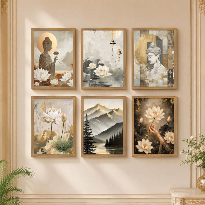 Lord Buddha Lotus Wall Art Painting for Living Room, Zen Spiritual Aesthetic Wooden Framed Wall Art Print for Living Room, Bedroom, Office & Home Decor (Set of 6, 13x9 inch)