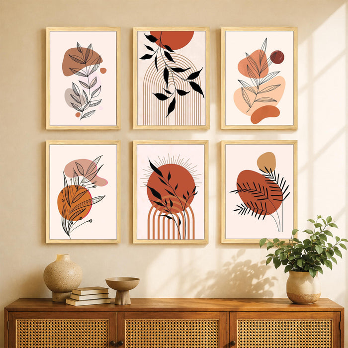 Botanical Boho Wall Art Painting for Living Room, Minimalist Abstract Aesthetic Wooden Framed Wall Art Print for Living Room, Bedroom, Office & Home Decor (Set of 6, 13x9 inch)