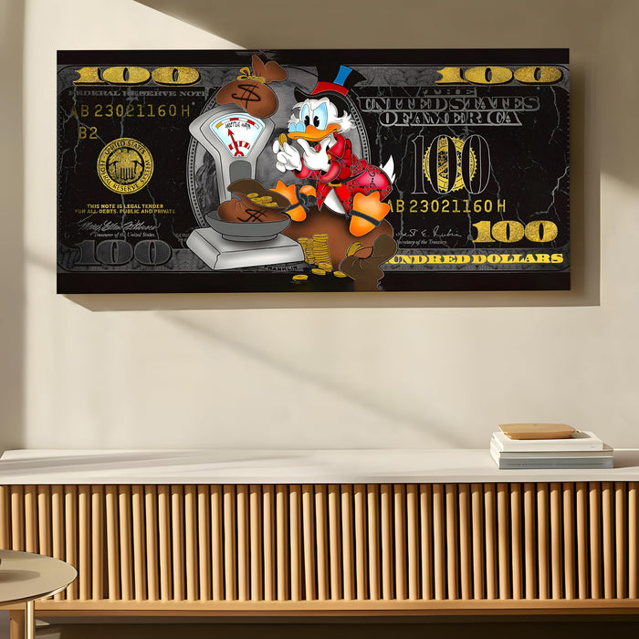 Luxury Scrooge McDuck Stretched Canvas Wall Art – Modern Pop Art 100 Dollar Bill Money Background – Motivational Wealth Art for Office & Home Decor – Wrapped Gallery Canvas, 22x46 Inch