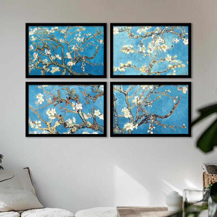 Abstract Blossom Tree Framed Wall Art Painting Set of 4 | Blue Floral Art Print for Living Room, Bedroom & Office Décor, 23x32 cm