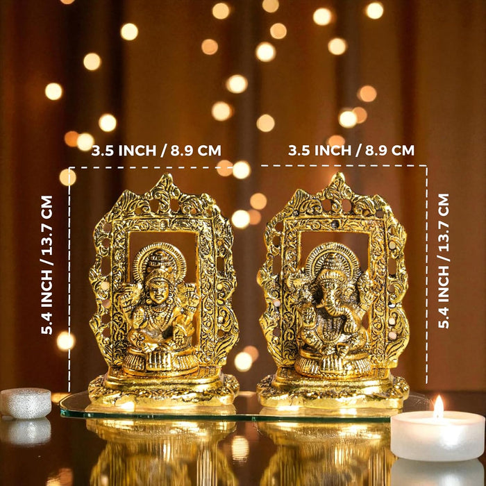 Antique Metal Lakshmi and Ganesha Brass Finished Idol Set for Pooja Room, Deepawali Decoration for Home, Lakshmi Ganesh Idol for Diwali, Brass Finished Idols for Home Décor 8.9x13.7 cm