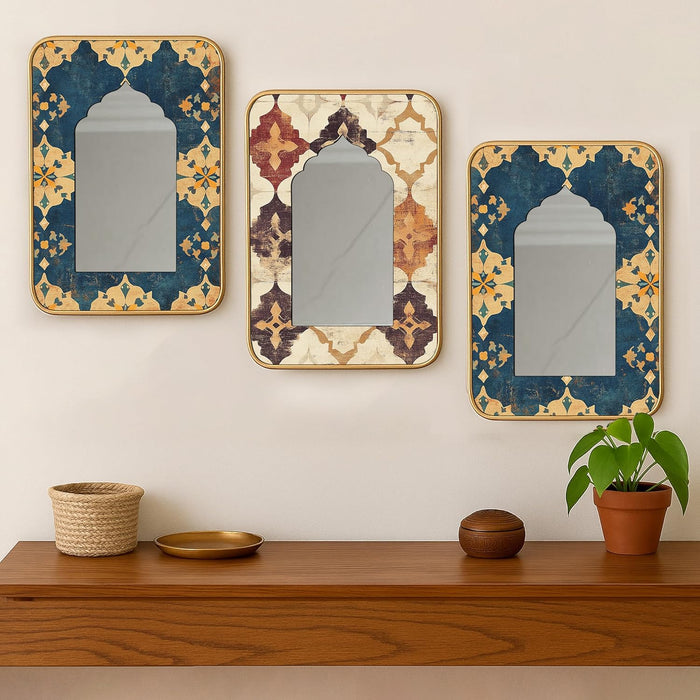 Decorative Jharokha Acrylic Mirror Set of 3 Abstract Flowers Printed Gold Metal Finish Décor Mirror (8.2x12.2 Inches)