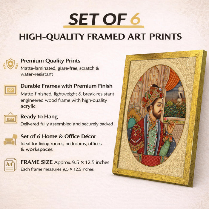Mughal Miniature Painting With Frame for living room, Rajasthani Emperor Framed Wall Art Painting for Home Decor Set of 6, Size 9.5 by 12.5 Inch