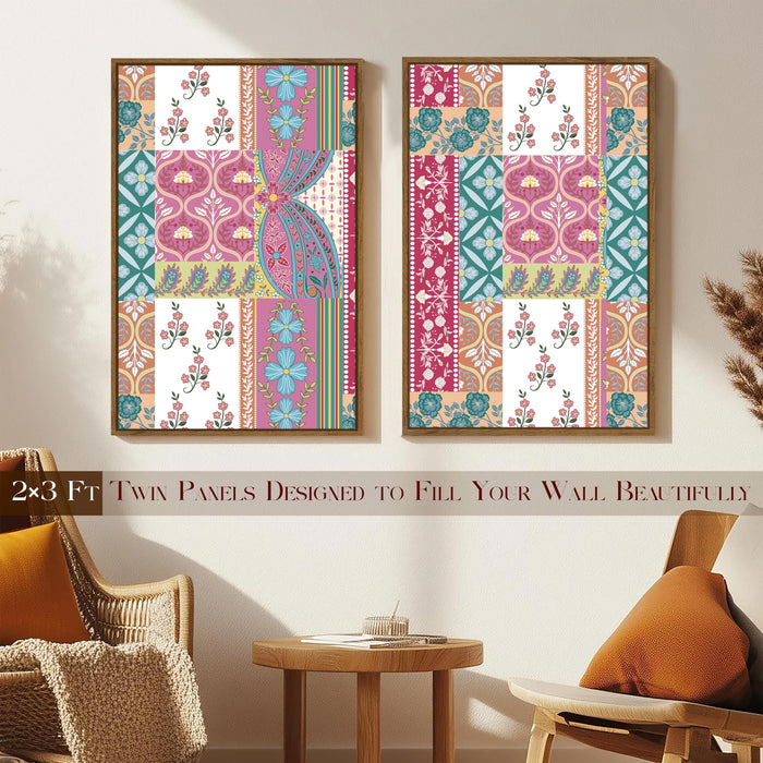 Mughal Flower Pattern Canvas Painting Indian Large Wall Art Painting for Living Room Decoration, Stylish Large Wall Art Print for Wall Decor (Set of 2, 58x89 cm)