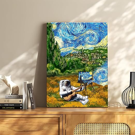 Art Street Stretched Canvas Painting Astronaut with Violin Starry Night Graffiti Wall Art for Home Decor, Living Room, Office.