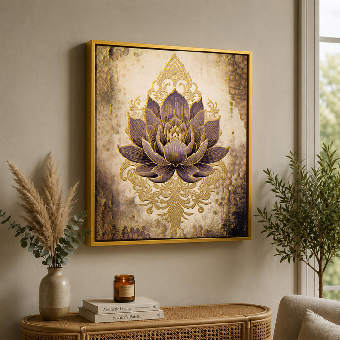 Vastu Lotus Gold Foil Canvas Painting For Living Room | Premium Golden Textured Abstract Floral Canvas Wall Art with Frame for Home Wall, Decoration Item for Pooja Room, Home 23x23 Inch