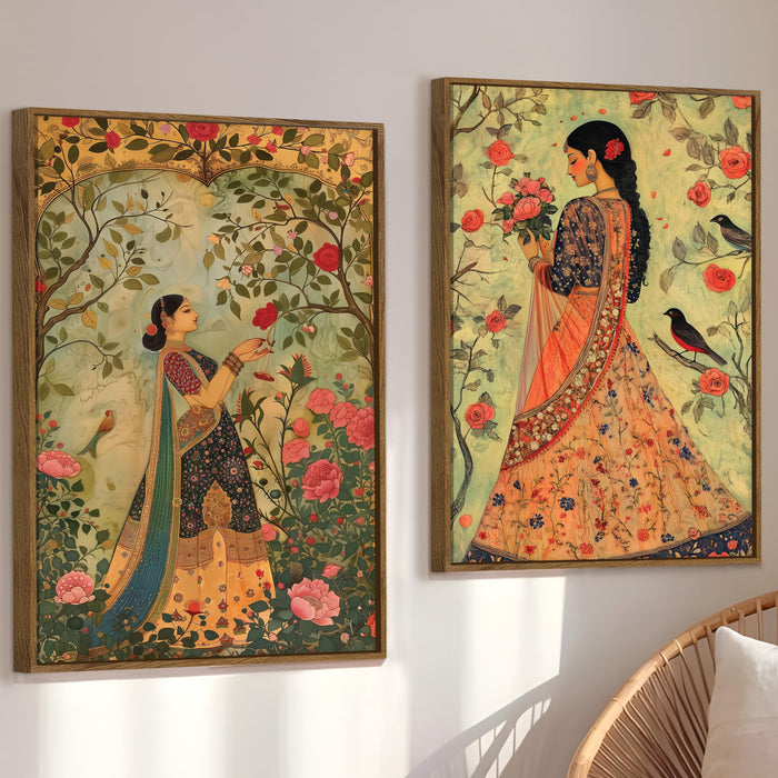 Mughal Women in Flower Garden Canvas Indian Large Wall Art Painting for Living Room Decoration, Stylish Large Wall Art Print for Wall Decor (Set of 2, 58x89 cm)