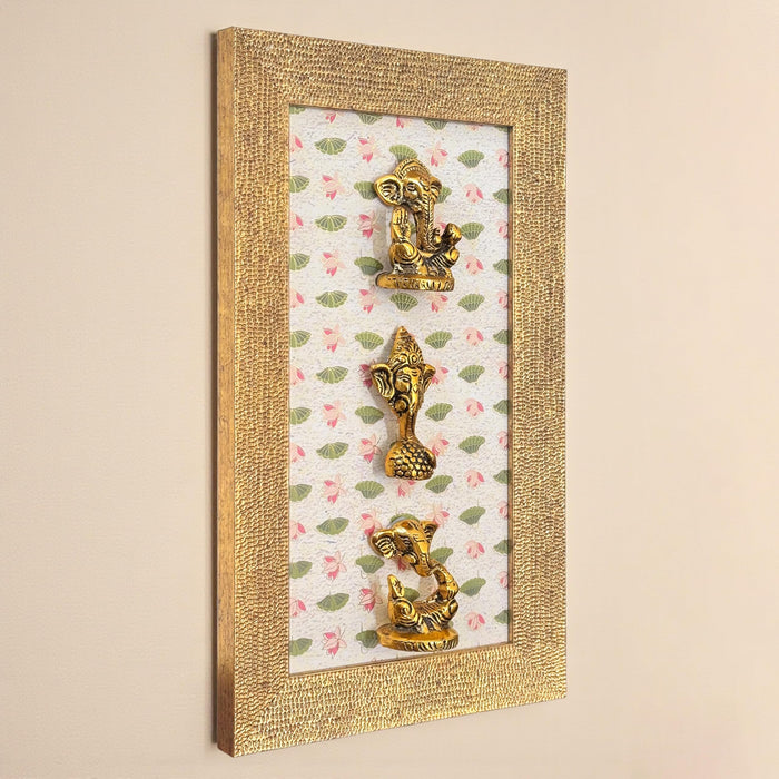 Art Street Wall Decorative Framed Metal Idols Ganesha Idol Wall Art with Gold Metal Finish Framed Ganesha Set, Indian Religious Frame with Gold Ganesh Home Décor for Home Office Temple 21x36 cm